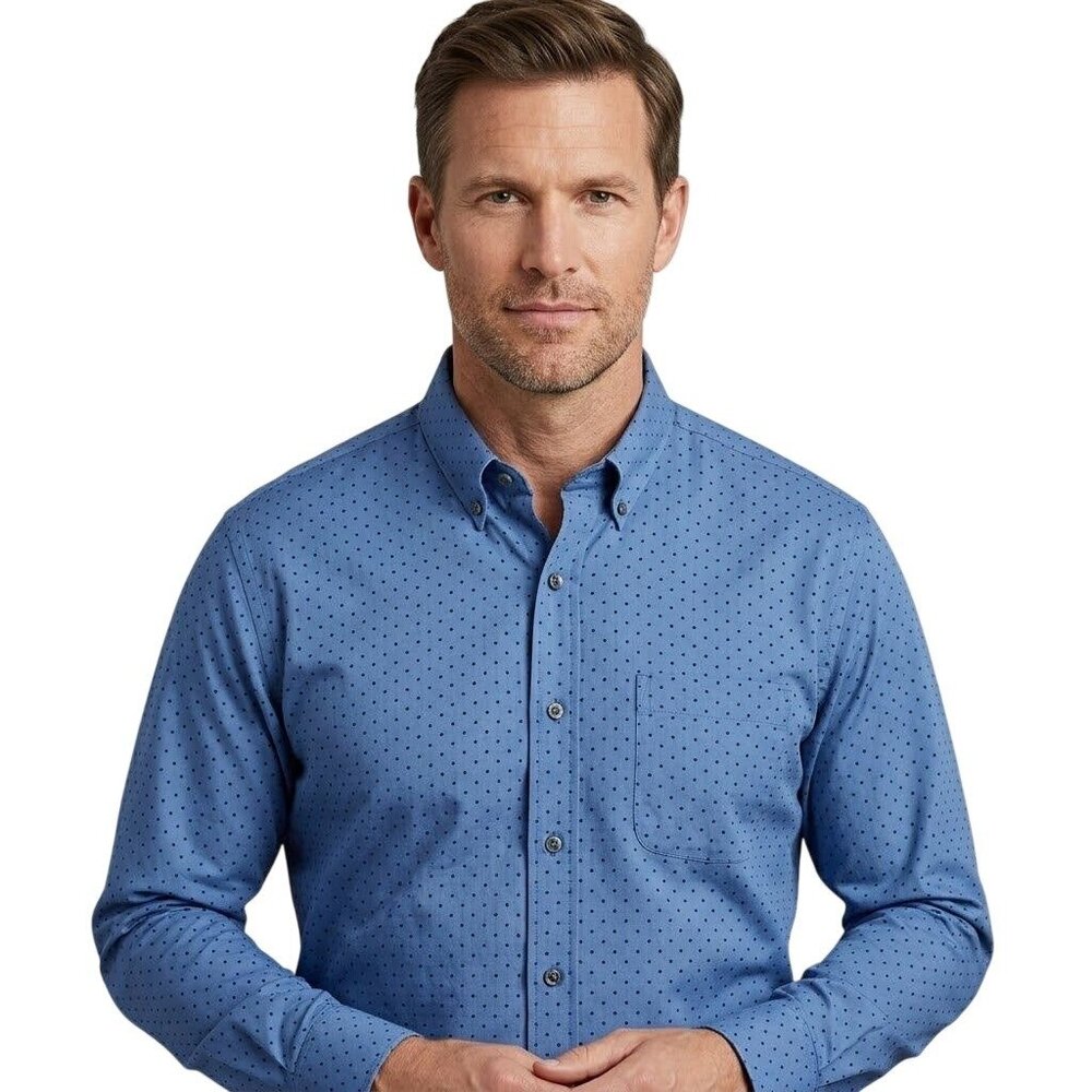 Stafford Mens Wrinkle-Free Oxford Dress Shirt 18 Neck Size Blue Polka Dot Casual